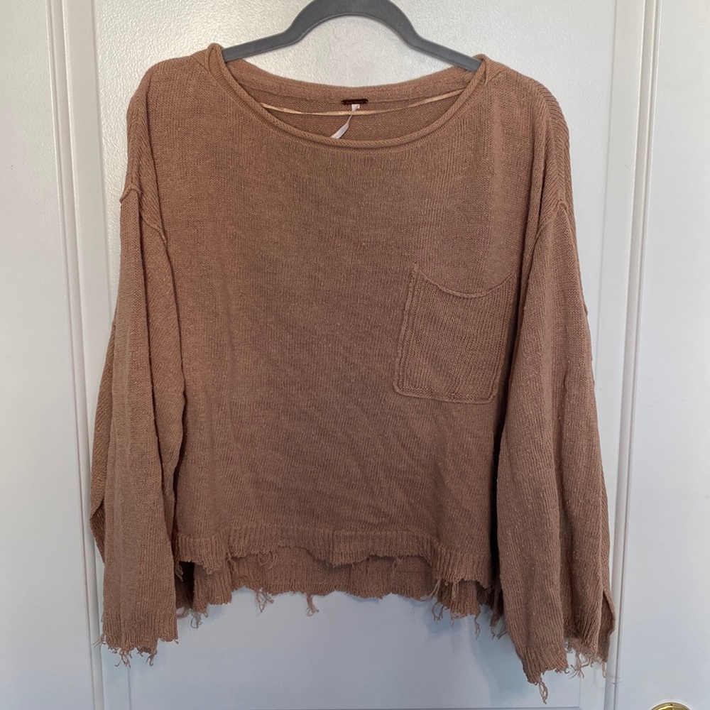 Free People Distressed Boxy Knit Sweater in Dusty Brown
